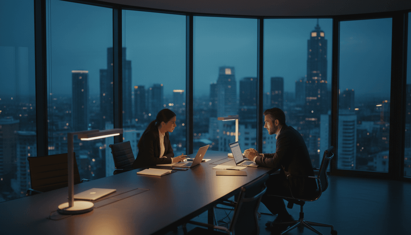 Two consultants reviewing business strategy at a conference table during a client meeting